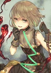 Rule 34 | 1boy, :d, brown dress, brown gloves, brown hair, chain, dress, gloves, green background, green eyes, gretel (sinoalice), hair between eyes, highres, holding, holding chain, looking at viewer, open mouth, short hair, sinoalice, smile, teroru, trap