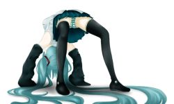 Rule 34 | 1girl, all fours, aqua hair, bad id, bad pixiv id, boots, detached sleeves, hair ornament, hatsune miku, long hair, mitake, panties, pantyshot, skirt, solo, stretching, striped clothes, striped panties, thigh boots, thighhighs, twintails, underwear, very long hair, vocaloid, zettai ryouiki