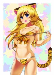 Rule 34 | 10s, 1girl, 2010, animal ears, animal print, bad id, bad pixiv id, bikini, bikini pull, blonde hair, blue eyes, clothes pull, long hair, new year, original, pulling own clothes, sigetch, solo, swimsuit, tail, tiger ears, tiger print, tiger tail, yellow bikini