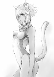 Rule 34 | 10s, 1girl, animal ears, cat ears, cat girl, cat tail, competition swimsuit, facial mark, final fantasy, final fantasy xiv, greyscale, highleg, highleg swimsuit, looking at viewer, low twintails, makimura shunsuke, miqo&#039;te, monochrome, one-piece swimsuit, serious, short hair, simple background, sketch, solo, standing, swimsuit, tail, twintails, y&#039;shtola rhul