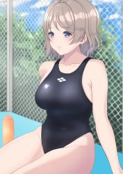 Rule 34 | 1girl, absurdres, arhah, bad id, bad pixiv id, black one-piece swimsuit, blue eyes, bottle, breasts, chain-link fence, commentary request, competition swimsuit, cowboy shot, day, fence, grey hair, highres, large breasts, logo, looking to the side, love live!, love live! sunshine!!, one-piece swimsuit, outdoors, short hair, sitting, solo, swimsuit, watanabe you, water bottle, wet