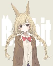 Rule 34 | 1girl, 382, :o, animal ears, blonde hair, bow, bowtie, braid, brown jacket, buttons, collared shirt, commentary request, earrings, english text, extra ears, jacket, jewelry, long hair, long sleeves, looking at viewer, open clothes, open jacket, original, parted lips, rabbit ears, red bow, red bowtie, shirt, simple background, skirt, solo, stud earrings, text background, twin braids, twintails, two-tone background, upper body, white shirt