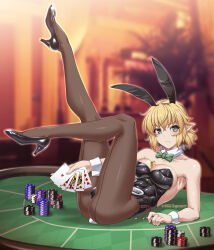 Rule 34 | 1girl, ace (playing card), ace of hearts, alternate costume, animal ears, arm support, armpits, between breasts, black footwear, black leotard, blonde hair, blurry, blurry background, blush, bow, bowtie, breasts, brown pantyhose, bunny day, card, character name, closed mouth, collarbone, commentary request, crossed bangs, detached collar, fake animal ears, fake tail, fingernails, frown, full body, green bow, green bowtie, green eyes, heart, high heels, highres, holding, holding card, jack (playing card), jack of hearts, king (playing card), king of hearts (playing card), leg up, leotard, lighter, looking at viewer, medium bangs, medium breasts, mizuhashi parsee, on table, ootsuki wataru, pantyhose, playboy bunny, playing card, pointy ears, poker chip, poker table, queen (playing card), queen of hearts (playing card), rabbit ears, rabbit tail, royal flush, short hair, solo, table, tail, ten of hearts, touhou, wing collar, wrist cuffs