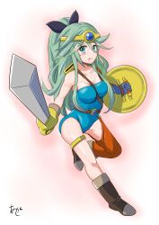 Rule 34 | 1girl, akashieru, artist logo, asymmetrical clothes, bare shoulders, black ribbon, blue gemstone, blue leotard, circlet, color connection, cosplay, dragon quest, dragon quest iv, full body, gem, gloves, green eyes, green hair, hair between eyes, hair color connection, hair ornament, hair ribbon, hairclip, heroine (dq4), heroine (dq4) (cosplay), highres, holding, holding shield, holding sword, holding weapon, kantai collection, leotard, long hair, looking at viewer, parted bangs, ponytail, ribbon, shield, sidelocks, signature, solo, strapless, strapless leotard, sword, weapon, yamakaze (kancolle)