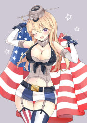 Rule 34 | 10s, 1girl, ahoge, american flag, belt, blonde hair, blush, breasts, cleavage, curvy, fingerless gloves, flag, garter straps, gloves, hair between eyes, headgear, iowa (kancolle), kaetzchen, kantai collection, large breasts, long hair, looking at viewer, midriff, miniskirt, navel, one eye closed, open mouth, purple eyes, skirt, smile, solo, star-shaped pupils, star (symbol), symbol-shaped pupils, thighhighs, wide hips, wrist cuffs, zettai ryouiki