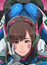 Rule 34 | 1girl, artist name, ass, bodysuit, brown eyes, brown hair, butcha-u, catherine (game), catherine cover parody, closed mouth, cockpit, commentary request, d.va (overwatch), facial mark, gloves, hand on own cheek, hand on own face, head rest, headphones, highres, looking at viewer, lying, medium hair, on stomach, overwatch, overwatch 1, parody, pilot suit, revision, smile, solo, straddling, top-down bottom-up, whisker markings