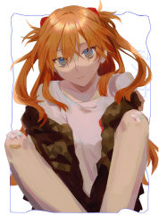 Rule 34 | 1girl, absurdres, bandaid, bandaid on knee, bandaid on leg, blue eyes, brown jacket, character name, closed mouth, collarbone, commentary request, expressionless, eyes visible through hair, highres, interface headset, jacket, kineta, knees up, long hair, looking at viewer, neon genesis evangelion, off shoulder, open clothes, open jacket, orange hair, shirt, sitting, solo, souryuu asuka langley, white background, white shirt