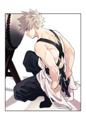Rule 34 | 1boy, alternate costume, apron, artist name, bakugou katsuki, bare arms, bare shoulders, black pants, blonde hair, boku no hero academia, border, cai (caiirocai), clothing request, from side, full body, highres, looking at viewer, male focus, muscular, muscular male, pants, red eyes, short hair, sideways glance, smile, solo, spiked hair, squatting, toned, white border