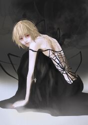 Rule 34 | 1other, androgynous, bare shoulders, black dress, blonde hair, chain, chinyu11988612, crystal earrings, dress, earrings, formal, full body, highres, hunter x hunter, jewelry, kurapika, looking at viewer, looking back, nen (hunter x hunter), red eyes, short hair, sitting, solo, spider web print
