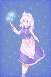 Rule 34 | 1girl, blue background, blue eyes, blue skirt, blue vest, closed mouth, commentary, feet out of frame, highres, kalmia495, letty whiterock, light purple hair, long sleeves, looking at viewer, polka dot, polka dot background, short hair, skirt, smile, snowflakes, solo, touhou, vest, white headwear