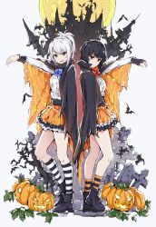 Rule 34 | 2girls, black cape, black footwear, black gloves, black hair, blue neckwear, boots, bow, bowtie, cape, castle, closed mouth, fang, fingerless gloves, full body, full moon, gloves, green eyes, grey background, halloween, highres, jack-o&#039;-lantern, long sleeves, looking at viewer, moon, multiple girls, open mouth, orange skirt, original, outstretched arm, pointy ears, pumpkin, red eyes, red neckwear, shibanme tekikumo, short hair, simple background, skirt, smile, socks, standing, striped clothes, striped legwear, striped socks, white hair