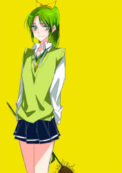 Rule 34 | 10s, 1girl, arms behind back, flat chest, flower, green hair, midorikawa nao, precure, simple background, skirt, smile precure!, solo, sunflower, tima, yellow background