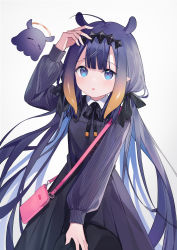 Rule 34 | 1girl, :o, absurdres, ahoge, bag, black dress, black hat, black ribbon, blue eyes, commentary, dress, hair ribbon, hat, highres, holding, holding clothes, holding hat, hololive, hololive english, long sleeves, low twintails, ninomae ina&#039;nis, ninomae ina&#039;nis (casual), official alternate costume, open mouth, pleated dress, pointy ears, puffy long sleeves, puffy sleeves, ribbon, shiroraku, simple background, solo, takodachi (ninomae ina&#039;nis), twintails, unworn hat, unworn headwear, virtual youtuber, white background