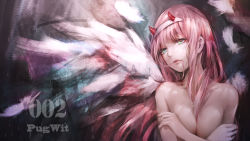 Rule 34 | 10s, 1girl, blush, breasts, darling in the franxx, green eyes, hair in own mouth, hairband, highres, horns, lao bai, long hair, looking at viewer, nude, oni horns, pink hair, red horns, solo, wings, zero two (darling in the franxx)