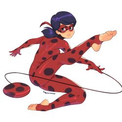 Rule 34 | 1girl, artist name, black hair, blue eyes, bodysuit, breasts, commentary, domino mask, english commentary, feet, full body, jumping, ladybug (character), looking at viewer, marinette dupain-cheng, mask, medium breasts, medium hair, miraculous ladybug, parted lips, polka dot, red bodysuit, simple background, smile, solo, squeezable (squeezabledraws), stirrup legwear, toeless legwear, toes, white background, yo-yo