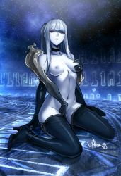 Rule 34 | 1girl, absurdres, black choker, black gloves, black thighhighs, blunt bangs, boots, breasts, choker, distr, dreadlocks, elbow gloves, extra arms, final fantasy, final fantasy xiv, gloves, grabbing own breast, high heel boots, high heels, highres, long hair, looking at viewer, medium breasts, navel, nipples, nude, omega-f, omega (final fantasy), pale skin, ponytail, red eyes, sitting, solo, thigh boots, thighhighs, wariza, white hair
