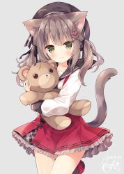 Rule 34 | 1girl, 2018, ahoge, animal ears, beret, black hat, black ribbon, black sailor collar, blush, brown hair, cat ears, cat tail, closed mouth, commentary request, cowboy shot, dated, fang, fang out, frilled skirt, frills, green eyes, grey background, hair ornament, hair ribbon, hairclip, hat, heart, heart hair ornament, holding, holding stuffed toy, hoshi (snacherubi), leg up, long hair, looking at viewer, original, plaid, pleated skirt, red skirt, ribbon, sailor collar, shirt, signature, simple background, skirt, smile, solo, stuffed animal, stuffed toy, tail, teddy bear, twintails, white shirt, x hair ornament
