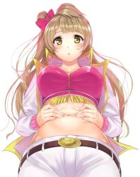 Rule 34 | 10s, 1girl, :o, belt, blush, bow, breasts, brown eyes, brown hair, bustier, fringe trim, hair bow, hands on stomach, jacket, kitiroku, long hair, looking at viewer, love live!, love live! school idol festival, love live! school idol project, midriff, minami kotori, navel, one side up, open mouth, pants, side ponytail, solo, spread navel, taut clothes, zipper
