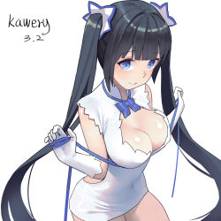 Rule 34 | 1girl, artist name, black hair, blue bow, blue bowtie, blue eyes, blunt bangs, bow, bowtie, breast lift, breasts, cleavage, closed mouth, clothing cutout, covered erect nipples, covered navel, cowboy shot, dated, dress, dungeon ni deai wo motomeru no wa machigatteiru darou ka, from above, gloves, hands up, hestia (danmachi), highres, kawery, large breasts, long hair, looking at viewer, pencil dress, rei no himo, short dress, simple background, sleeveless, sleeveless dress, smile, solo, tight clothes, tight dress, twintails, upturned eyes, very long hair, white background, white dress, white gloves