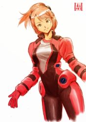 Rule 34 | 1girl, absurdres, aida rayhunton, bad id, bad pixiv id, commentary, eyebrows hidden by hair, green eyes, gundam, gundam g no reconguista, highres, inori taimatsu, looking at viewer, open hands, pilot suit, pink hair, skin tight, solo, white background