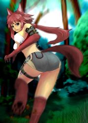 Rule 34 | :3, animal ears, animal hands, ass, belt pouch, breasts, brown hair, claws, criss-cross halter, forest, grass, green eyes, halterneck, highres, hiragana oufu, large breasts, long hair, looking at viewer, looking back, motion blur, nature, original, ponytail, pouch, running, short shorts, shorts, solo, tail, test tube, thigh strap, thighs, tree, twisted torso, wolf ears, wolf girl, wolf paws, wolf tail