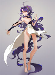Rule 34 | 10s, 1boy, ahoge, androgynous, ashuramaru, bare shoulders, barefoot, black hair, bottomless, demon, dress, elbow gloves, gloves, hair ornament, hair over one eye, headband, horns, long hair, looking at viewer, owari no seraph, pointy ears, purple hair, red eyes, simple background, smile, torn clothes, trap, wavy hair