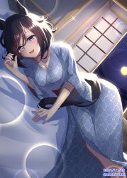 Rule 34 | 1girl, absurdres, animal ears, architecture, black hair, blush, breasts, east asian architecture, eishin flash (umamusume), eyebrows hidden by hair, hair between eyes, highres, horse ears, horse girl, horse tail, indoors, japanese clothes, kimono, looking at viewer, lying, mashiroken07, moon, night, night sky, open mouth, short hair, sky, smile, solo, tail, umamusume, yukata