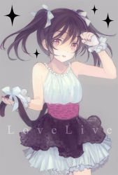 Rule 34 | 10s, 1girl, ame yamori, animal print, bare shoulders, black hair, cat tail, copyright name, dress, fingerless gloves, gloves, holding own tail, jewelry, leopard print, love live!, love live! school idol project, miniskirt, nail polish, necklace, parted lips, petticoat, red eyes, ribbon, simple background, skirt, sleeveless, solo, sparkle, tail, tail ornament, tail ribbon, twintails, yazawa nico