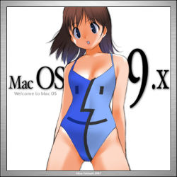 Rule 34 | 1girl, apple inc., black eyes, blue one-piece swimsuit, border, breasts, brown hair, cleavage, lowres, macintosh, one-piece swimsuit, short hair, small breasts, solo, swimsuit, yoshizaki mine