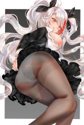 Rule 34 | 1girl, absurdres, alternate costume, ass, azur lane, black pantyhose, blush, breasts, cameltoe, collared shirt, cowboy shot, from behind, from below, gradient hair, hair ribbon, highres, large breasts, long hair, looking at viewer, looking down, miniskirt, mole, mole on breast, multicolored hair, panties, panties under pantyhose, pantyhose, pantyshot, prinz eugen (azur lane), red eyes, red hair, ribbon, shiny skin, shirt, silver hair, skirt, solo, swept bangs, thighs, twintails, two side up, underwear, very long hair, yukineko