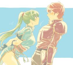 Rule 34 | 1boy, 1girl, aisutabetao, aqua dress, armor, arms behind back, belt, black gloves, blue background, blush, breastplate, breasts, couple, cowboy shot, dress, earrings, embarrassed, eye contact, face-to-face, fire emblem, fire emblem: the blazing blade, gloves, green eyes, green hair, groin, hetero, jewelry, kent (fire emblem), large breasts, leaning, leaning back, leaning forward, long hair, looking at another, lyn (fire emblem), motion lines, nintendo, orange hair, pants, pelvic curtain, ponytail, profile, red armor, red eyes, sash, shirt, short hair, short sleeves, shy, side slit, simple background, sketch, sweatdrop, thighs