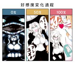 Rule 34 | 10s, 1boy, 1girl, 3koma, abyssal ship, admiral (kancolle), bad id, bad nicoseiga id, blue eyes, blush, bodysuit, breasts, bulging eyes, colored skin, comic, dandara (karakure), eye pop, gloves, glowing, glowing eyes, unworn headwear, highres, kantai collection, large breasts, long hair, looking at viewer, monster girl, pale skin, personification, pregnancy test, pregnant, silver hair, translated, white skin, wo-class aircraft carrier