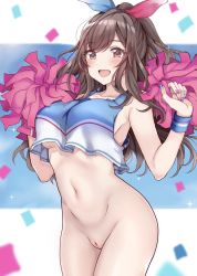 Rule 34 | 1girl, ass, blue bow, blush, bottomless, bow, breasts, brown eyes, brown hair, cheerleader, cleft of venus, confetti, cowboy shot, hair bow, hamu (plot sy), highres, idolmaster, idolmaster shiny colors, large breasts, long hair, looking at viewer, multicolored nails, nail polish, navel, nude, nude filter, open mouth, pom pom (cheerleading), ponytail, pussy, solo, stomach, third-party edit, tsukioka kogane, underboob