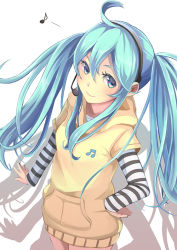 Rule 34 | 1girl, ahoge, aqua eyes, aqua hair, ataru (ataru squall), casual, from above, hand on own hip, hatsune miku, headset, hip focus, layered sleeves, long hair, long sleeves, musical note, short over long sleeves, short sleeves, simple background, solo, striped, twintails, vocaloid