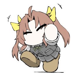 Rule 34 | 1girl, ^ ^, ahoge, brown hair, chibi, closed eyes, closed eyes, foot up, green ribbon, grey skirt, hair ribbon, hand up, kagerou (kancolle), kantai collection, loafers, long hair, pleated skirt, ribbon, school uniform, shoes, short sleeves, simple background, skirt, solo, task (s task80), twintails, vest, white background, yellow ribbon