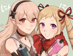 Rule 34 | 2girls, alternate costume, blonde hair, blush, bodysuit, bow, breasts, corrin (female) (fire emblem), corrin (fire emblem), elise (fire emblem), female focus, fire emblem, fire emblem fates, fire emblem heroes, hair between eyes, hair bow, hair ornament, hairband, highres, japanese clothes, long hair, looking at viewer, multiple girls, ninja, nintendo, official alternate costume, peach11 01, pointy ears, purple eyes, red eyes, scarf, simple background, smile, twintails, white hair
