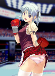 Rule 34 | arena, audience, boxing, boxing gloves, boxing ring, clothes lift, fang, green hair, jewelry, panties, purple eyes, skirt, skirt lift, striped clothes, striped panties, thighhighs, underwear, waitress