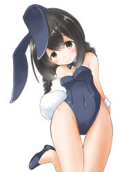 Rule 34 | 1girl, absurdres, animal ears, arms behind back, bare legs, black eyes, black hair, bow, bowtie, braid, breasts, cleavage, cowboy shot, detached collar, fake animal ears, highres, isonami (kancolle), kantai collection, leaning to the side, leotard, long hair, looking at viewer, low twintails, playboy bunny, rabbit ears, rabbit tail, sidelocks, simple background, small breasts, smile, solo, standing, standing on one leg, tail, taisinkoku, thigh gap, twin braids, twintails, white background, wrist cuffs