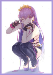 Rule 34 | 1girl, ;q, bare shoulders, bb (fate), bb (fate) (all), bb (swimsuit mooncancer) (fate), bb (swimsuit mooncancer) (second ascension) (fate), bead bracelet, beads, bee doushi, belt, bikini, black gloves, black hairband, black shorts, black thighhighs, border, bracelet, breasts, cleavage, earrings, fate/grand order, fate (series), fingerless gloves, full body, gloves, hair ribbon, hairband, hand on own chin, high heels, highres, jewelry, large breasts, long hair, looking at viewer, micro shorts, nail polish, one eye closed, pink nails, pink ribbon, platform footwear, purple bikini, purple border, purple eyes, purple footwear, purple hair, ribbon, shorts, simple background, skindentation, solo, squatting, star (symbol), star earrings, stirrup legwear, swimsuit, thighhighs, toeless legwear, toenail polish, toenails, tongue, tongue out, v-shaped eyebrows, very long hair, white background