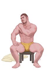 Rule 34 | 1boy, abs, absurdres, bara, briefs, brown hair, bulge, facial hair, full body, hand on own shoulder, highres, looking to the side, looking up, male focus, male underwear, manspreading, muscular, muscular male, mustache, nipples, original, pectorals, short hair, sideburns, sideburns stubble, sitting, solo, stomach, stubble, thick thighs, thighs, topless male, undercut, underwear, unworn clothes, yellow male underwear, youtian (youtiange)