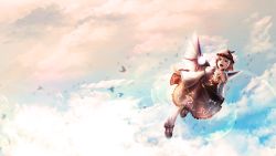 Rule 34 | 1girl, :d, animal ears, bird, brown dress, cloud, cloudy sky, dress, flying, full body, hand on own chest, happy, haryudanto, hat, highres, looking up, mary janes, music, mystia lorelei, open mouth, rainbow, shoes, short hair, singing, sky, smile, sunlight, touhou, wallpaper, white legwear, wide sleeves, winged footwear, wings
