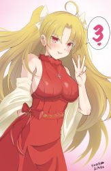 Rule 34 | 1girl, blonde hair, blush, cross, cross necklace, dated, dress, earrings, ereshkigal (bitter sweet) (fate), ereshkigal (fate), fate/grand order, fate (series), finger counting, hair ribbon, heart, highres, hoop earrings, iron samurai, jewelry, lipstick, long hair, looking at viewer, makeup, middle w, necklace, official alternate costume, pink lips, red dress, red eyes, ribbon, shawl, simple background, sleeveless, sleeveless dress, solo, spoken heart, spoken number, w, white ribbon, white shawl