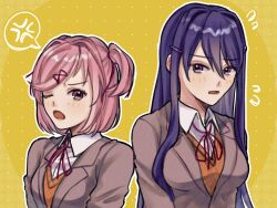 Rule 34 | 2girls, :o, anger vein, arms at sides, blazer, blush, bob cut, border, bow, bowtie, breasts, brown jacket, brown sweater vest, collared shirt, commentary, dithered background, doki doki literature club, dress shirt, flying sweatdrops, grid background, hair between eyes, hair ornament, hair ribbon, hairclip, highres, jacket, large breasts, long hair, looking at viewer, multiple girls, natsuki (doki doki literature club), neck ribbon, nnoioi i, one eye closed, open mouth, parted lips, pink eyes, pink hair, purple hair, red bow, red bowtie, red ribbon, ribbon, shirt, short hair, side-by-side, small breasts, spoken anger vein, sweater vest, swept bangs, two side up, upper body, v-shaped eyebrows, very long hair, white background, white border, white shirt, x hair ornament, yuri (doki doki literature club)
