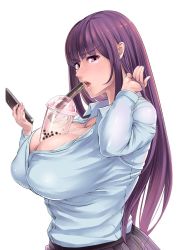 Rule 34 | 1girl, breasts, bubble tea, bubble tea challenge, highres, large breasts, long hair, solo