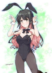 Rule 34 | 1girl, animal ears, arms up, black bow, black bowtie, black eyes, black hair, black leotard, black pantyhose, bow, bowtie, breasts, cleavage, commentary request, cowboy shot, detached collar, fake animal ears, grin, kantai collection, large breasts, leotard, long hair, looking at viewer, mikage takashi, multicolored hair, naganami (kancolle), pantyhose, pink hair, playboy bunny, rabbit ears, rabbit pose, rabbit tail, smile, solo, star (symbol), starry background, strapless, strapless leotard, tail, twitter username, white background, wrist cuffs