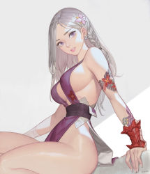 Rule 34 | 1girl, absurdres, arm tattoo, bandaged arm, bandages, bare hips, bare shoulders, braid, breasts, commentary request, flower, flower tattoo, hair flower, hair ornament, highres, ki min-woo, large breasts, lipstick, long hair, looking at viewer, makeup, no panties, obi, original, parted lips, pink flower, pink lips, purple eyes, revision, sash, side braid, sideboob, signature, silver hair, sitting, solo, tattoo, thighs, two-tone background, wrist guards