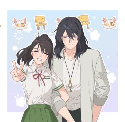 Rule 34 | 1boy, 1girl, black hair, breasts, brown hair, cat, chair, closed eyes, commentary request, green skirt, grey jacket, hair between eyes, highres, iwato suzume, jacket, jewelry, jubeol126, korean commentary, locked arms, long hair, medium breasts, munakata souta, necklace, pendant, pleated skirt, ponytail, school uniform, skirt, sleeves rolled up, smile, suzume no tojimari, w