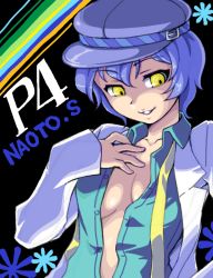 Rule 34 | 1girl, androgynous, atlus, blue hair, breasts, cabbie hat, character name, copyright name, crossdressing, dark persona, female focus, grin, hair between eyes, hat, lab coat, manji taba, necktie, persona, persona 4, reverse trap, shadow (persona), shirogane naoto, short hair, smile, solo, wavy hair, yellow eyes