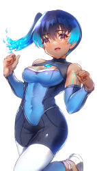 Rule 34 | 1girl, absurdres, arm tattoo, bare shoulders, blue hair, bodysuit, breasts, chest jewel, cleavage, commentary request, covered navel, dark blue hair, detached sleeves, fiery hair, hands up, highres, knee up, long sleeves, looking at viewer, official alternate costume, open mouth, red eyes, sena (xenoblade), shoes, short hair, side ponytail, siebolds demon, simple background, small breasts, smile, solo, swimsuit, tattoo, white background, white footwear, xenoblade chronicles (series), xenoblade chronicles 3