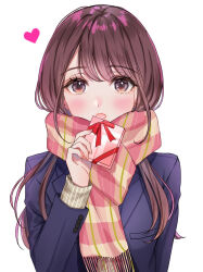 Rule 34 | 1girl, :o, banirario, blazer, blue jacket, blush, brown eyes, brown hair, cardigan, commentary, enpera, gift, heart, highres, holding, holding gift, jacket, long hair, long sleeves, looking at viewer, open mouth, plaid, plaid scarf, scarf, school uniform, simple background, solo, upper body, valentine, white background, winter